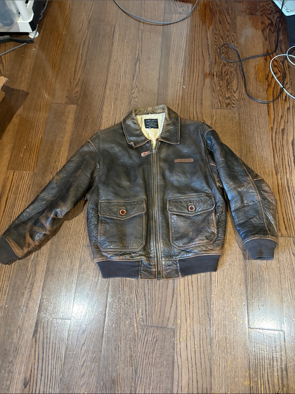 Vtg 90s Avirex Dark Brown Leather Bomber Jacket with Pocket Flaps sz L